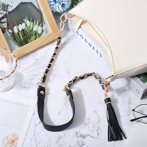 25 Inch PU Leather Handbag Handle with Tassel Pendant Microfiber Leather Purse Chain Strap Flat Bag Chain Replacement for Women Shoulder Crossbody Bag Handbag DIY Crafts(Black Gold) - color: Black