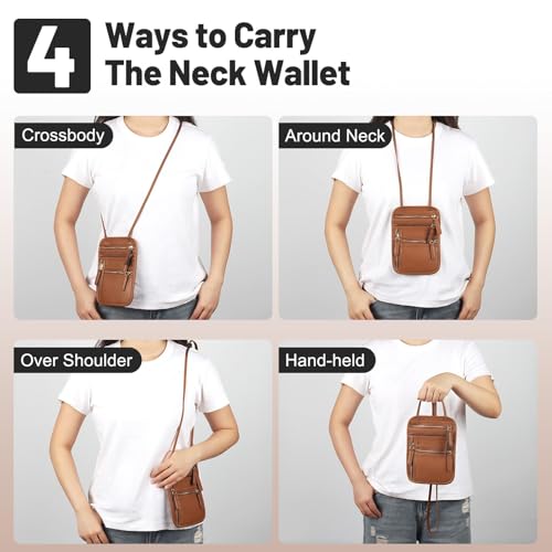 Neck Wallet for Traveling Women Men, RFID Blocking Leather Travel Pouch - color: Brown