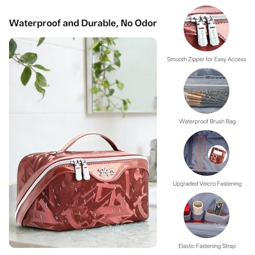 BOYATU Makeup Bag, Makeup Organizer, Toiletry Travel Bag for Women - Red | 3 Pcs Vegan Leather Cosmetic Bag with Compartments - Waterproof Large Capacity Toiletry Bag - 180° Open-Flat Makeup Organizer - color: D-4-Red