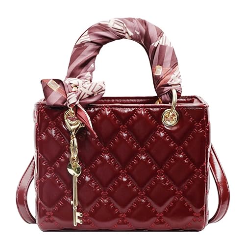 Quilted Square Box Bag for Women, Vegan Leather Vanity Purse - color: Burgundy