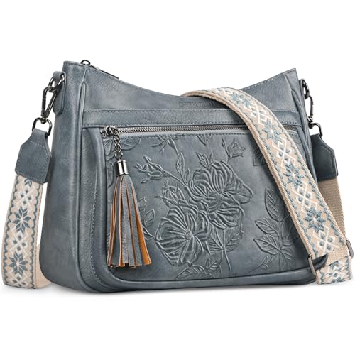 Crossbody Bags for Women, Medium Vegan Leather Purses | Large Capacity Multi-Pocket Embossed Shoulder Bag with Boho Strap for Daily Travel - color: Blue