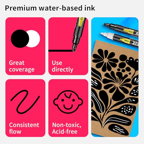 6 White and Black Acrylic Paint Pens Markers, Dual Tip (Fine 1mm + Dot 5mm), Acrylic Permanent Marker for Rock Painting Fabric Canvas Glass Wood Leather Ceramic Paper DIY, Ideal for Kids and Adults - color: 3 White & 3 Black | Fine + Dot