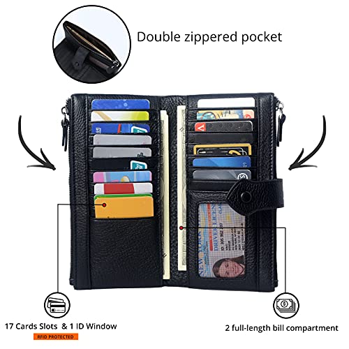 Bveyzi Women Soft Leather RFID Blocking Bifold Slim Wallets Ladies Credit Card Holder Double Zipper Pocket - color: Black