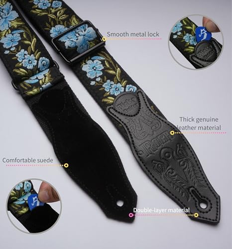 rockyou 2 Inch Woven Jacquard Embroidery Guitar Strap With 4 Picks Pocket Suede Genuine Leather End (Vintage Blue Rose) - color: Vintage Blue Rose