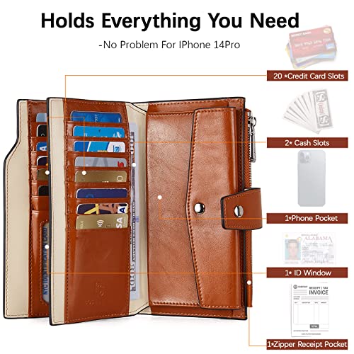 BOSTANTEN Womens Leather Wallet RFID Large Capacity Credit Card Holder | 20 Card Slots, Phone Holder, Zipper Coin Pocket, Clutch Wallet, Long Bifold, Ladies Gifts, Beige-Brown - color: C-Brown＆Beige