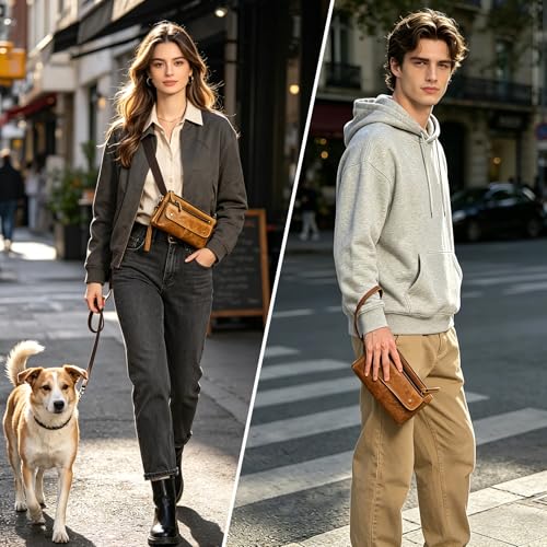 Water Resistant Canvas + Leather Hiking Riding Travel Fanny Waist Pack Small Phone Pouch For Men Women FB811-29 (100% Leather-The 8136 Brown2) - color: 100% Leather-The 8136 Brown2