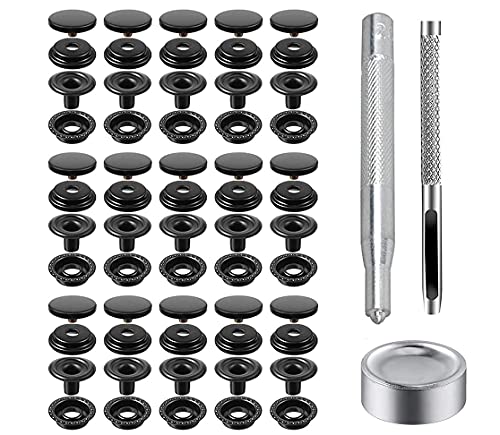 220 Pieces Metal Snap Fastener Kit, BetterJonny 15mm Copper Heavy Duty Snap Button Press Stud Cap with 3 Setting Tools for Marine Boat Canvas Bag Leather DIY Craft Black