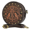 Medieval Viking Round Faux Leather Shoulder Bag, Tree of Life Raven Rune Crossbody Purse, Renaissance Bag for Women, LARP Cosplay Accessories, Norse Fantasy Belt Pouch & Leather Belt Bag - color: Brown Black