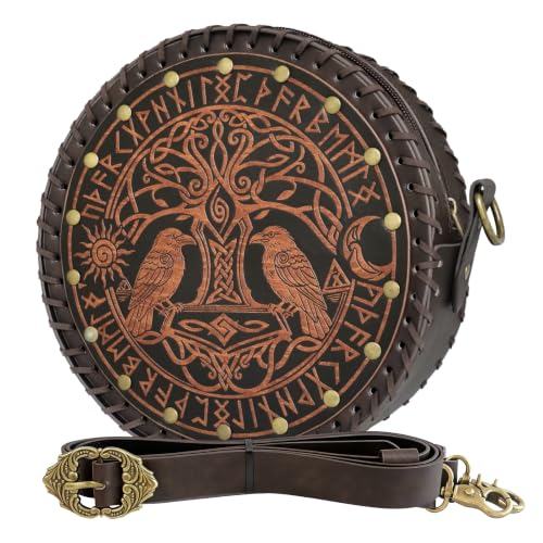 Medieval Viking Round Faux Leather Shoulder Bag, Tree of Life Raven Rune Crossbody Purse, Renaissance Bag for Women, LARP Cosplay Accessories, Norse Fantasy Belt Pouch & Leather Belt Bag - color: Brown Black