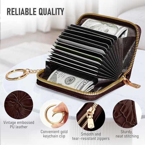 credit card holder for women，Embossed leather Rfid wallet women， KeyChain Wallet - color: coffee brown
