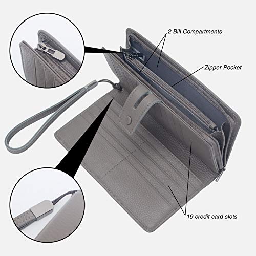 Bveyzi Women's Big Fat Rfid Leather Wristlet Wallet Organizer Large Phone Checkbook Holder with Zipper Pocket (Grey) - color: Grey