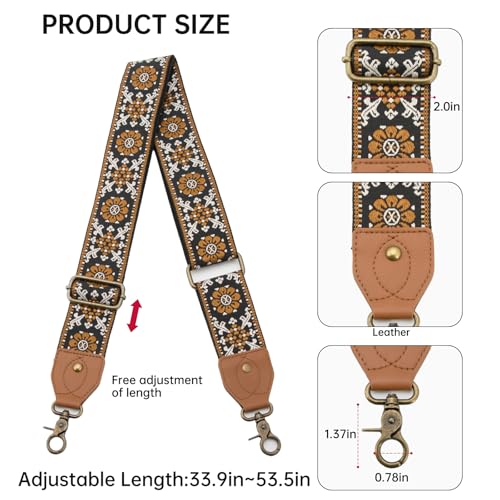 Purse Strap Replacement Crossbody Adjustable Bag Strap Retro Jacquard Embroidery Wide Shoulder Strap for Women Handbags - color: Black Background Plum Blossoms