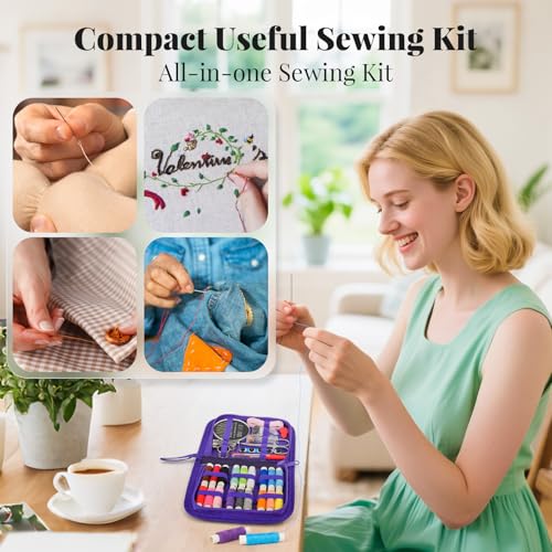 Coquimbo Sewing Kit Gifts for Kids Mom Grandma Adults Beginner Traveler, Portable Sewing Supplies Accessories Contains Thread, Needle, Scissors, Measure Tape, Thimble (Daisy) - color: Purple, size: M