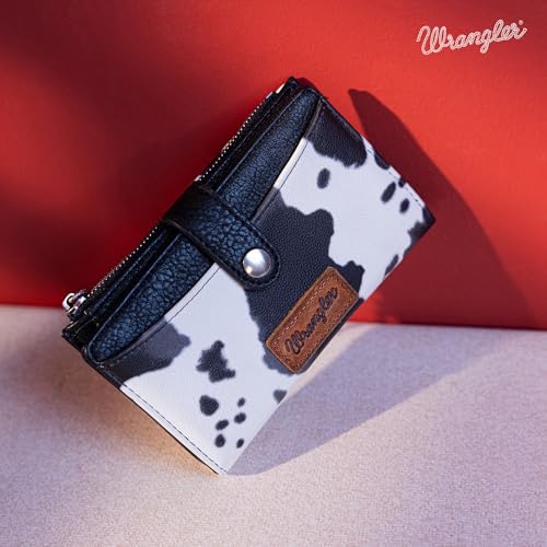 Wrangler Wallet for Women Bifold Card Holder with Zipper and ID Window - color: Cow Print - Black