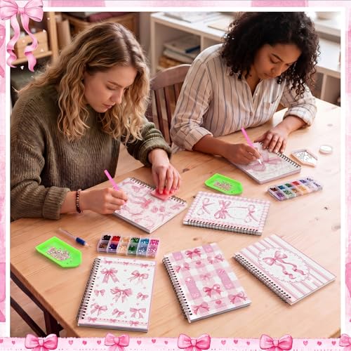 Fullhawl 6 Pack 5D DIY Diamond Art Crafts Kit for Adults Office Supplies Beginner A5 Leather Diamond Painting Gift for Women Art Cover Craft Accessories with Tool (Pink Bow) - style: Pink Bow