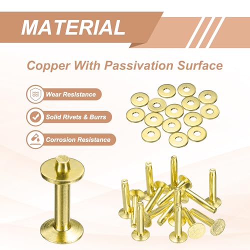 HARFINGTON 15Set Brass Rivets and Burrs Washers 9x3.3x17mm Dimpled Finish Solid Leather Rivet Fastener Studs Posts for Leather DIY Craft Belts Wallets Collars, Gold Yellow - color: Gold Yellow, size: 9x3.3x17mm