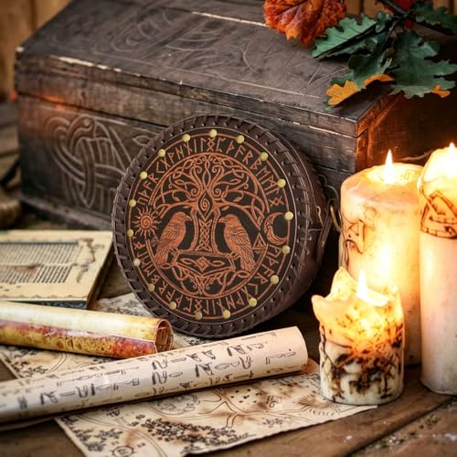Medieval Viking Round Faux Leather Shoulder Bag, Tree of Life Raven Rune Crossbody Purse, Renaissance Bag for Women, LARP Cosplay Accessories, Norse Fantasy Belt Pouch & Leather Belt Bag - color: Brown Black