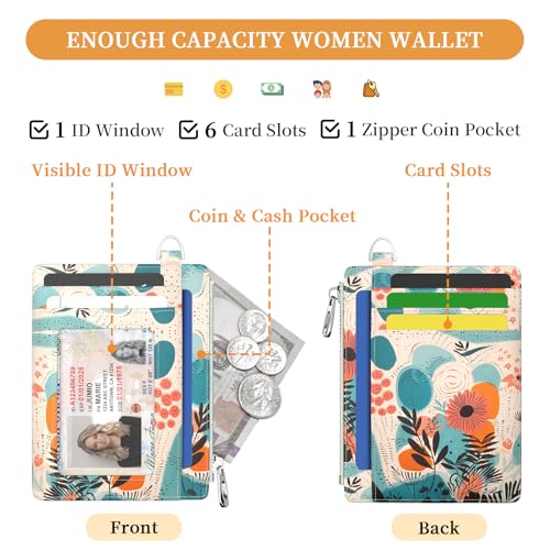 Hancynir Boho Flower Floral Slim Wallet Women Credit Card Holder RFID Small | Zipper Pocket Wallet, Thin Travel Coin Purse, Ladies Women Gifts, Minimalist Card Case, 6 Card Slots, ID Window, PU Leather - color: Abstract Blooming Flower