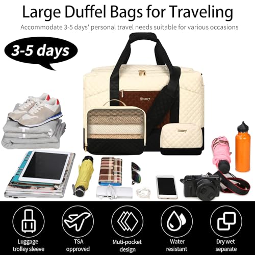 Stuery Weekender Bags for Women with Toiletry Bags: Large Overnight Bags Travel Duffel Bag Carry On Shoulder Weekend Tote with Shoe Compartment and Wet Pocket for Girls Airplane Traveling - color: A-3PCS White Brown Black