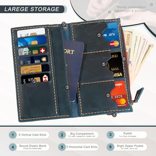 Robrasim Leather Wallet for Men and Women, Handmade Detachable Chain Wristlet Long Bifold Clutch with Large Capacity Zipper Coin Pocket (Blue, 7.87"x4.17") - color: Blue