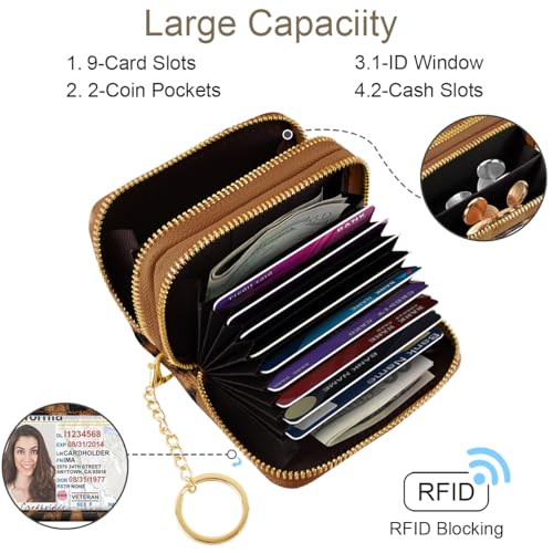 Double Zipper Card Wallet Credit Card Holder Leopard Brown Leather Small Cute Card Wallet for Women with Keychain, Leopard - color: Leopard