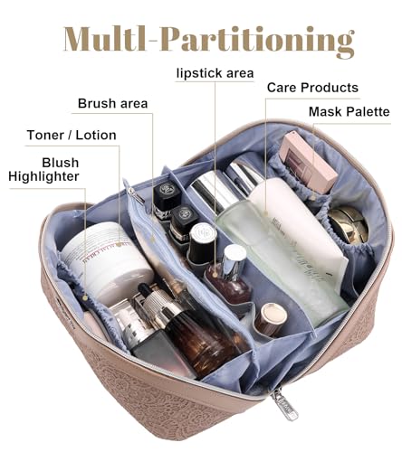 BOYATU Travel Makeup Bags Cosmetic Organizer Bag: 3-Set Large Capacity Make up Bag - PU Leather Toiletry Bags for Women - Wide Open Portable Pouch with Divider & Handle (A-Tan) - color: A-Tan
