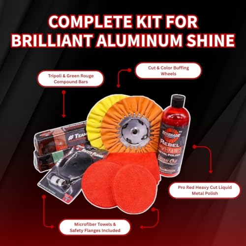 Renegade Products Aluminum Polishing Mini Kit Complete with Buffing Wheels, Buffing Compounds, Right Angle Grinder Safety Flange, Pro Red Hand Polish and Microfibers