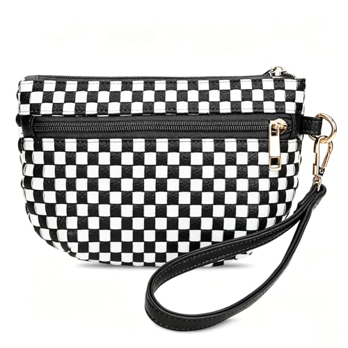 Woven Wristlet Bag for Women Checkered Crescent Pouch Wallet Small Purse - color: Black