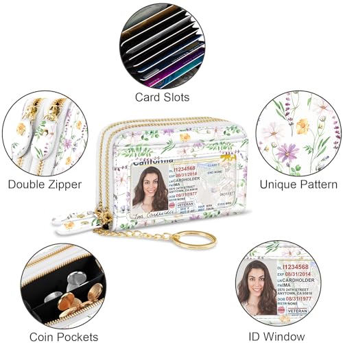 Credit Card Holder Glitter Shining Leather Small Cute Double Zipper Card Wallet for Women with Keychain,White Daisy - color: White Daisy