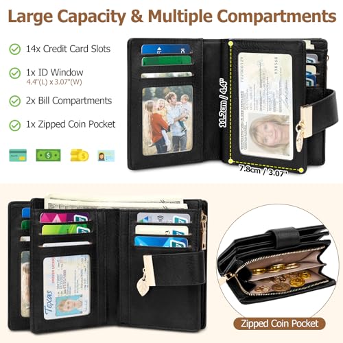 HUANLANG Small Wallets Women RFID Blocking Ladies Wallet with Zipper | Women’s Wallet Credit Card Holder, Leather, ID Window,Zipper Coin Pocket, Bifold,Perfect Gifts,Fits Small Purses,Travel,Black - color: Black