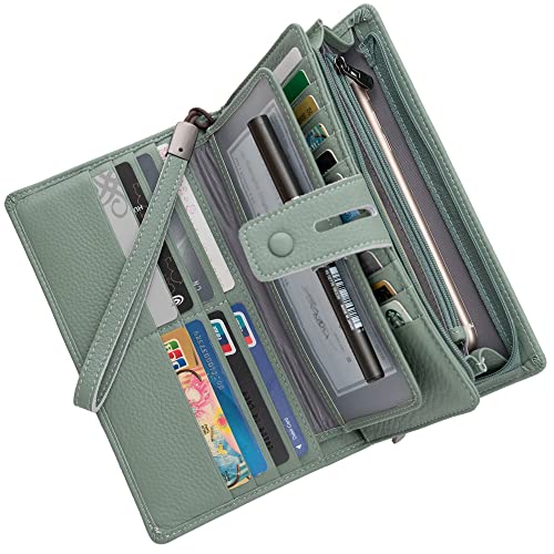 Bveyzi Women's Big Fat Rfid Leather Wristlet Wallet Organizer Large Phone Checkbook Holder with Zipper Pocket (Mint Green) - color: Mint Green