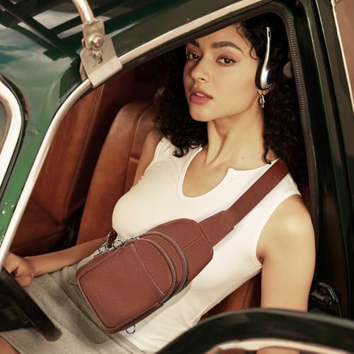 befen Genuine Leather Sling Bag for Women Anti-Theft Crossbody Chest Bags Fanny Packs for Travel with RFID Card Slots | Real Leather, Anti Theft, RFID Blocking, 3 Card Slots, Anti Pocket Bag, Multi Pockets, Travel Purse - color: Cognac Brown