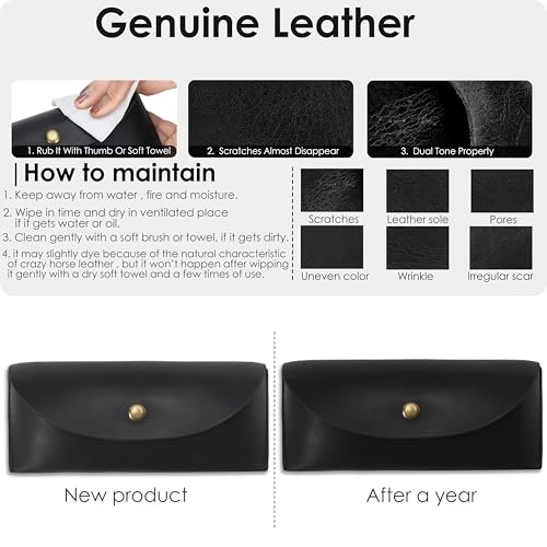 Leather Sunglasses Case Genuine Eyeglass Holder Reading Glasses Protector Vintage Eyewear Storage for Men and Women - color: Black