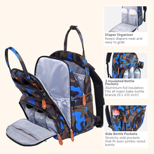 BabbleRoo Diaper Bag Backpack - Baby Essentials Travel Tote - Multi Function Water Resistant Diaper Bag, Travel Essentials Baby Bag with Changing Pad, Stroller Straps & Pacifier Case - Blue Camo - color: Camo Blue, size: Large