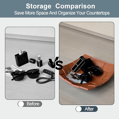 Valet Tray PU Leather Key Holder Bowl for Men and Women Entryway Table Nightstand Catchall Storage Organizer EDC Dump Tray for Wallet, Keys, Coins Men's Gift - Brown, 9.8" L x 9.8" W x 2" H - color: Brown