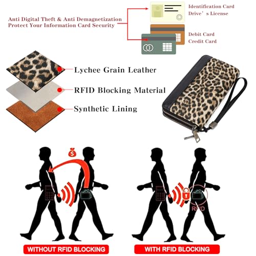 GOIACII Women's Wallet RFID Blocking Leather Wristlet | 2 Zip Around, Large Capacity, Credit Card Holder, Ladies Phone Clutch Purse - color: A18 Leopard Print Black