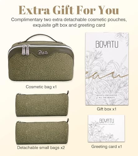 BOYATU Travel Makeup Bags Cosmetic Organizer Bag: 3 Pcs Set Large Capacity Make up Bag with Compartments - Waterproof Leather Toiletry Bags with Handle for Women (A-Green) - color: A-Green
