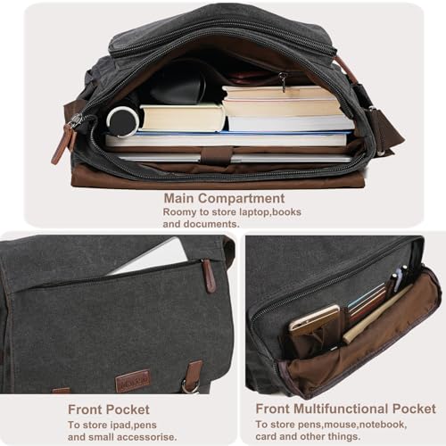 Vintage Messenger Bag 15.6 Inch Laptop for Men Women, Large Travel Crossbody Shoulder Purse Canvas Briefcase Work College - color: Black-upgrade