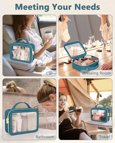 Soimeat Clear Makeup Bag, Portable Travel Cosmetic Bags, Multipurpose Leather Toiletry Bag with Zipper, Waterproof Transparent Cosmetic Organizer for Women, Medium, Blue - color: Blue, size: Medium