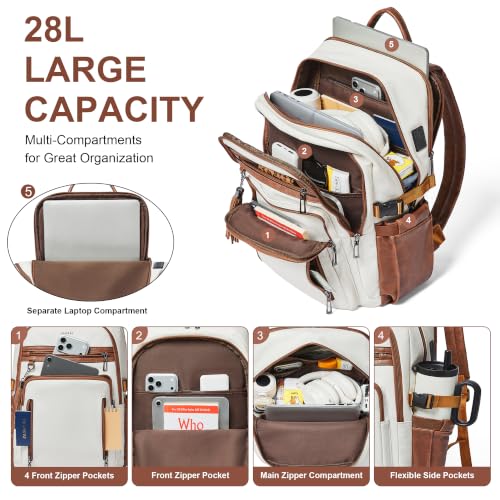 17 Inch Laptop Backpack Purse for Women with Giant Tumbler Holders | Vegan Leather,Travel Work Business College Teacher Nurse,USB Port,RFID Wristlet Purse,28L Large Capaity,Beige with Brown - color: Beige With Brown