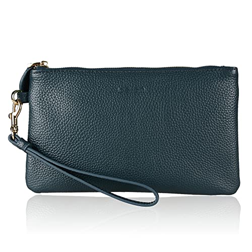 befen Genuine Leather Wristlet Clutch RFID Blocking Bag Cell Phone Purse | Cell Phone Wristlet Clutch for Women, Small Wallet Purses with RFID Blocking Card Slots - color: Dark Teal Blue