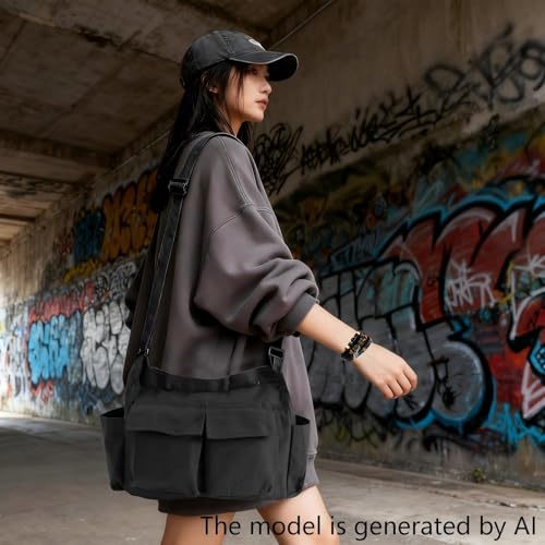 Canvas Messenger Bag for Women, Grunge Bag with Fairy Grunge Bracelet, Crossbody Bag with Bracelets Fairy Grunge Clothes - color: Black