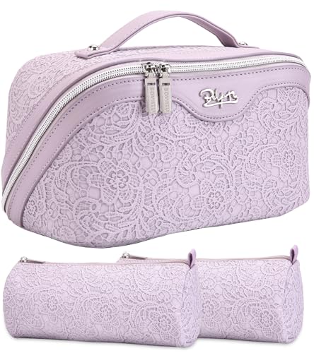 BOYATU Travel Makeup Bags Cosmetic Organizer Bag: 3-Set Large Capacity Make up Bag - PU Leather Toiletry Bags for Women - Wide Open Portable Pouch with Divider & Handle (A-Violet) - color: A-Violet