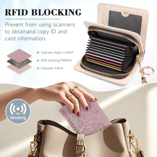 KITEVIUN Women RFID Blocking Small Bifold Wallet, Compact Cash Clutch with Zipper Coin Pocket, Glittery Butterfly Design, Credit Card Holder, Travel Purse with Tassel PURPLE - color: 06-PURPLE