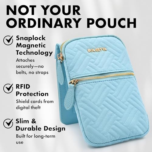 Magnetic Hip Pouch - RFID Blocking Pouch and Key Fob Protector - Zippered Pocket, Magnetic Snaplock Attachment - Lightweight Travel Wallet, Hip Bag for Concerts & Errands - Seafoam Teal Quilt - color: Seafoam Teal