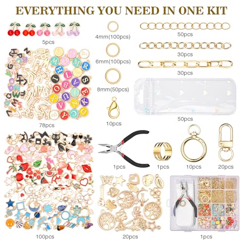 656Pcs Keychain Making Kit: Gold Jewelry Making Supplies, DIY Crafts bulk | 198 Charms 30 Keychain Clips with Organizer Box, Lip Gloss Key Chain Kits, Cute Bag Charm Kit for Backpacks Accessories