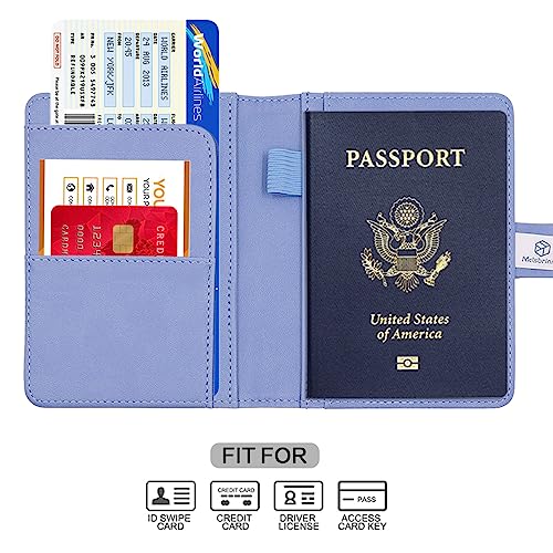 Melsbrinna Premium Leather Passport Holder Covers Case, Waterproof Rfid Blocking Travel Wallet Passport Holder with Pen Holder, Cute Passport Book for Women/Men - color: AR-Light blue