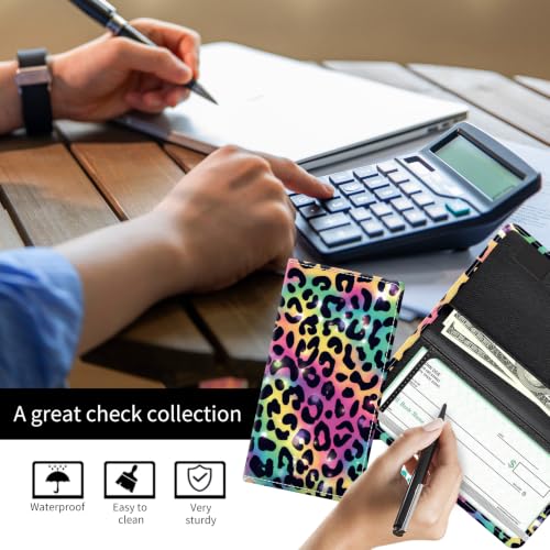 Checkbook Cover for Personal Checkbook, Cute Pu Leather Check Book for Women & Men, Slim Checkbook Holder with Pen Holder and Built-in Clear Plastic Divider, Color Leopard - color: Color Leopard