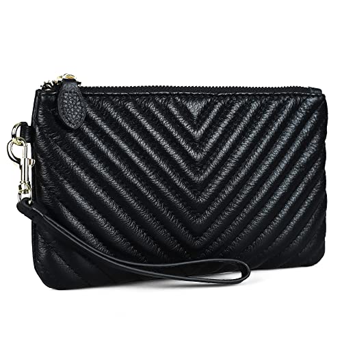 befen Genuine Leather Wristlet Clutch RFID Blocking Bag Cell Phone Purse | Cell Phone Wristlet Clutch for Women, Small Wallet Purses with RFID Blocking Card Slots - color: Chevron Quilted Black