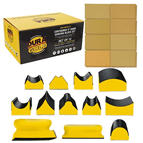 Dura-Gold 12-Piece Contoured Profile 4" Hand Sanding Block Set with 40 Sheet Hook & Loop Sandpaper Kit - Interchangeable Assorted Convex & Concave Shapes - Sand Wood Woodworking Furniture, Auto Paint - size: 12-Piece
